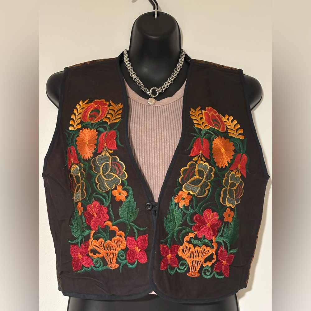 New small Guatemalan cotton Embroidered Floral Vest red orange yellow  black